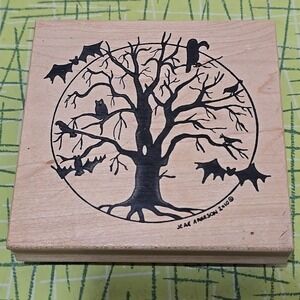 Northwoods Rubber Stamp - Halloween Spooky Tree Bats Owl Vulture Moon 2010 EUC